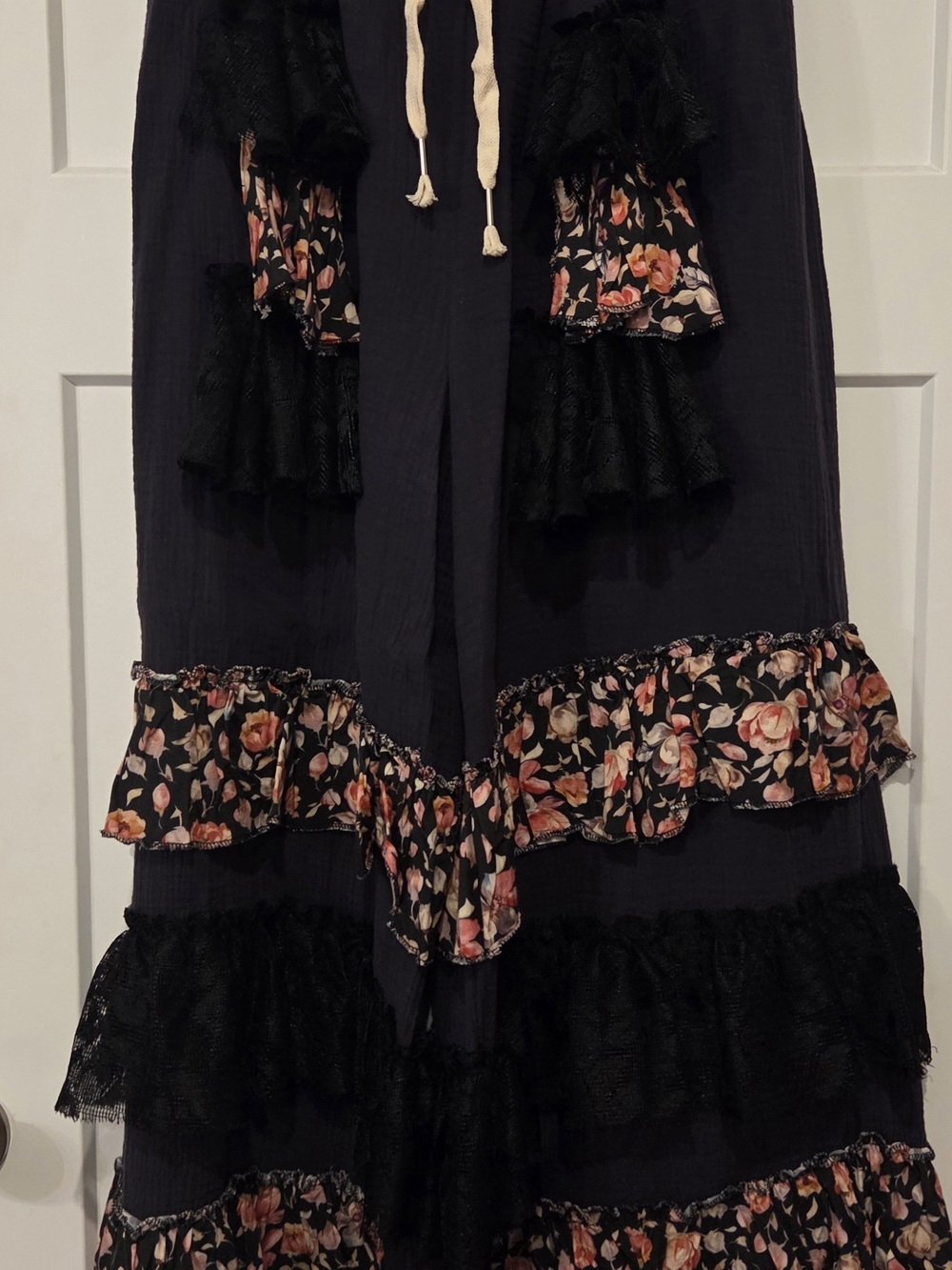 95.  POL Wide Leg Boho Pants with Rose-Print Ruffles